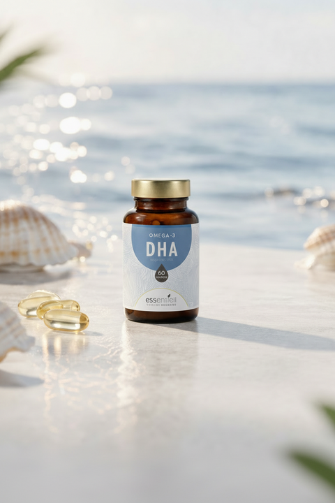 Omega-3 DHA Kapseln ess-entiell Nahrungsergänzung im Glas vor maritimem Hintergrund